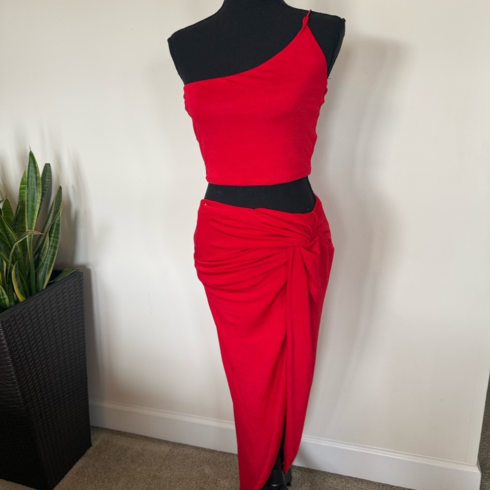 JLUXLABEL Red One-Shoulder Crop Top & Draped Maxi Skirt Set